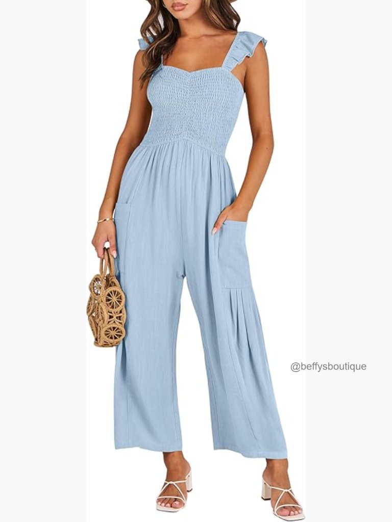 Women's Sleeveless Smocked Wide Leg Linen Jumpsuit With Pockets